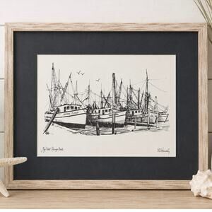 R.E. Kennedy Key West Shrimp Boats Nautical Coastal Beach Ink Art Print Matted